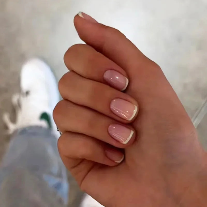 24pcs French Tip Press On Nails – Handmade Solid Color Medium Square False Nails with Glue