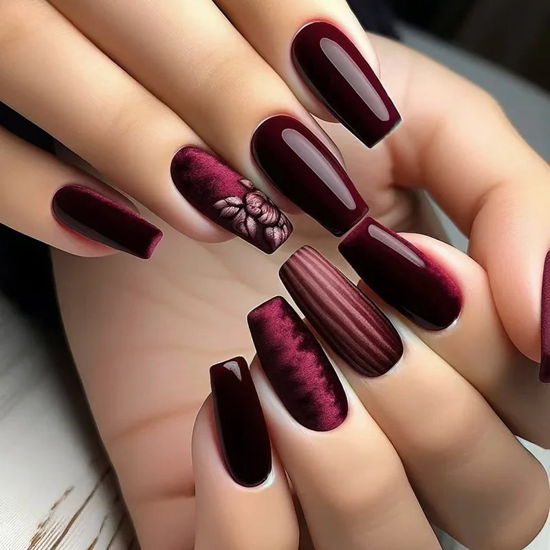 24pcs Long Ballet Press On Nails – Brown Flower Full Cover False Nails