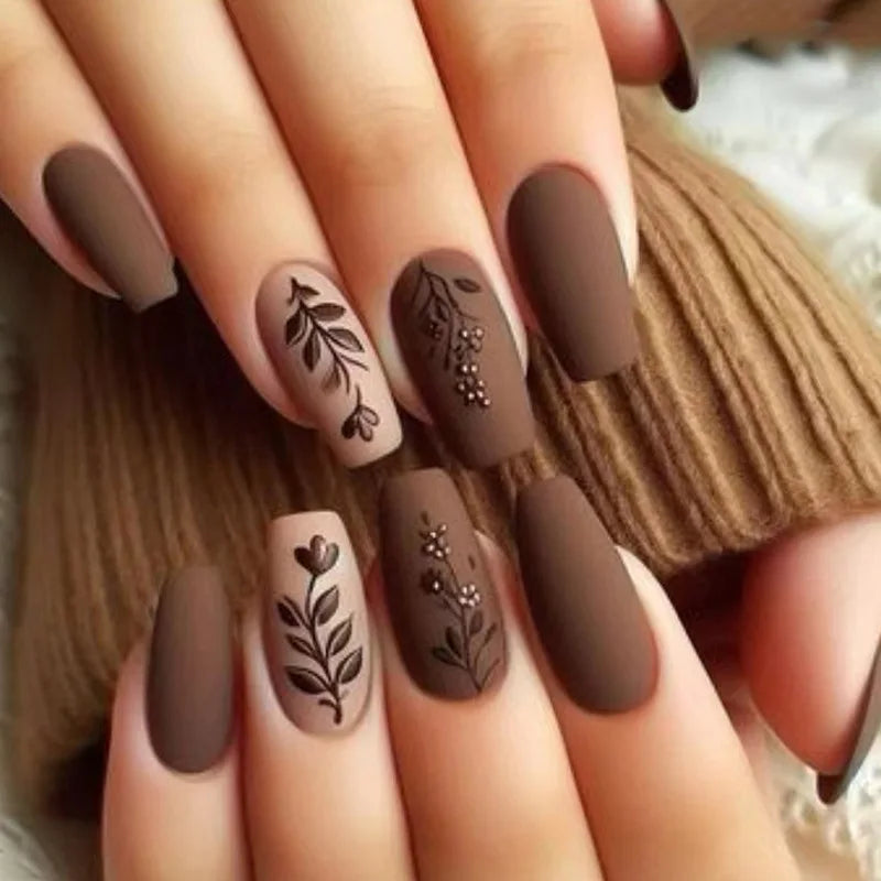 24pcs Long Ballet Press On Nails – Brown Flower Full Cover False Nails