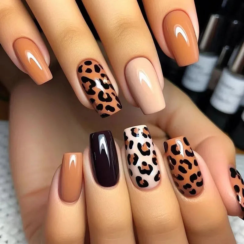 24pcs Long Ballet Press On Nails – Brown Flower Full Cover False Nails