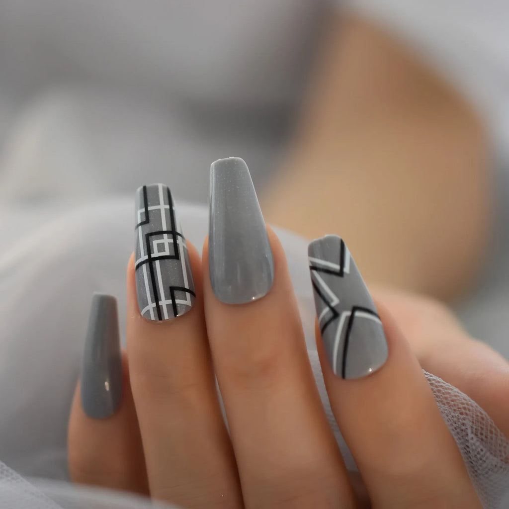 Modern Grey Geometric Coffin Press-On Nails
