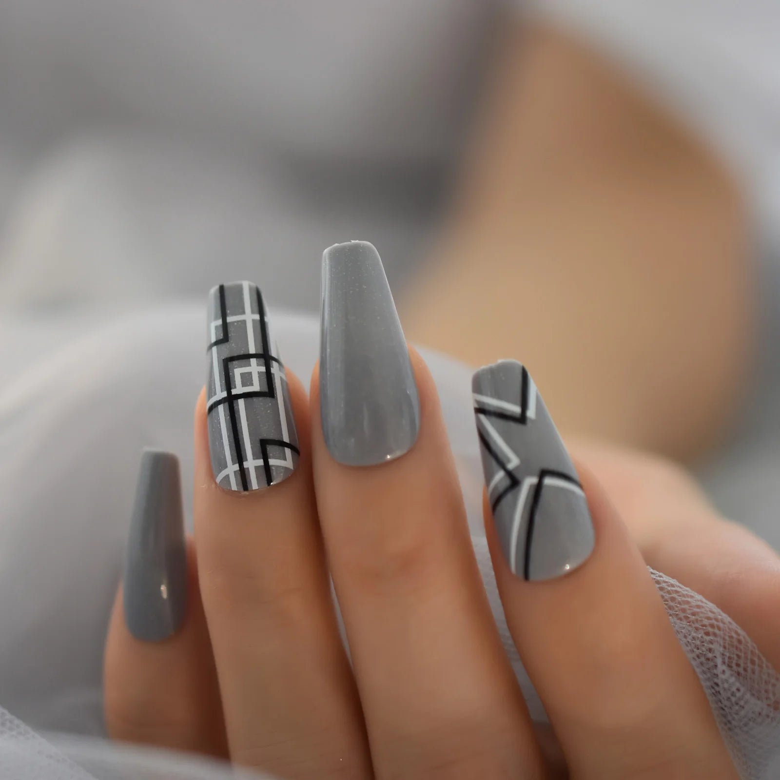 Modern Grey Geometric Coffin Press-On Nails