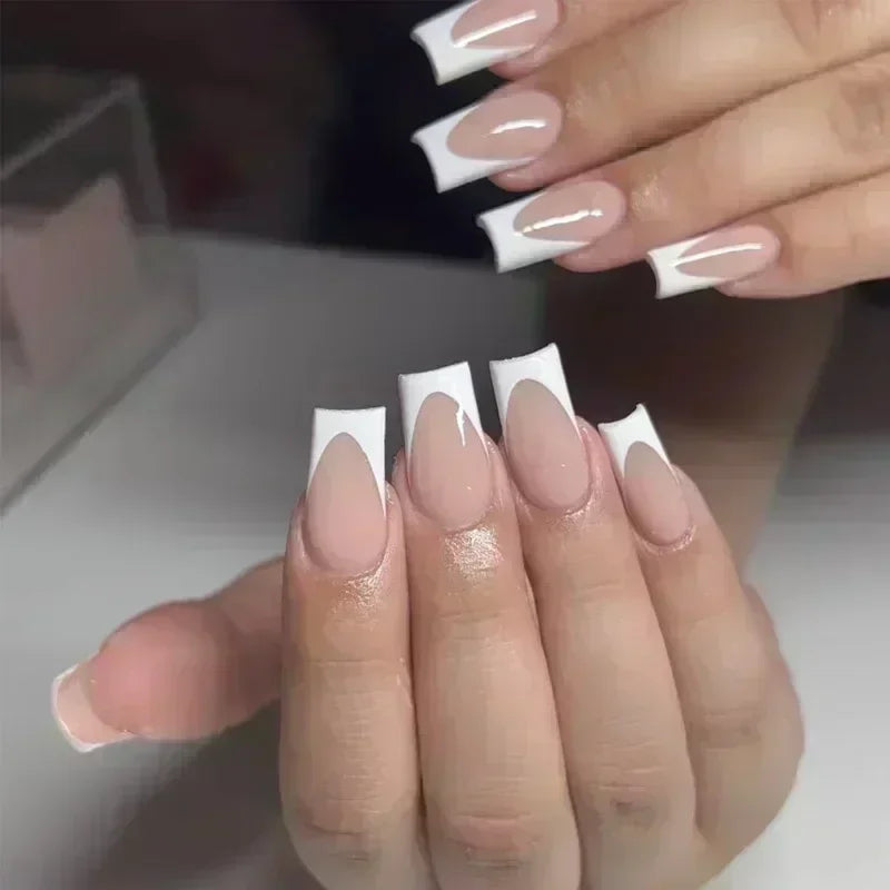 24pcs French Tip Press On Nails – Handmade Solid Color Medium Square False Nails with Glue