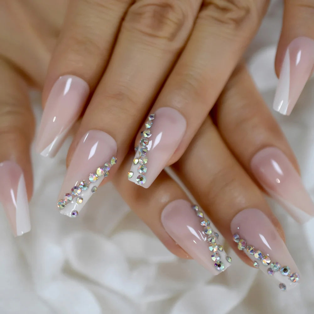 Trapezoid French Nail – Crystal Shine Ballerina Press On Nails
