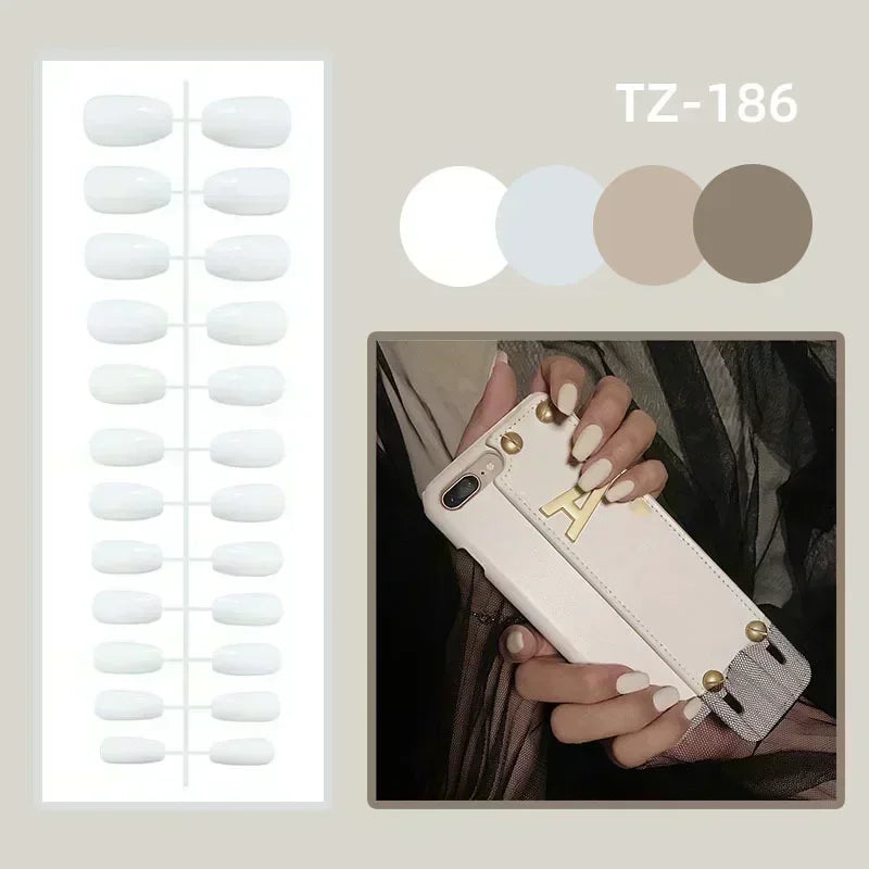 24pcs French Tip Press On Nails – Handmade Solid Color Medium Square False Nails with Glue