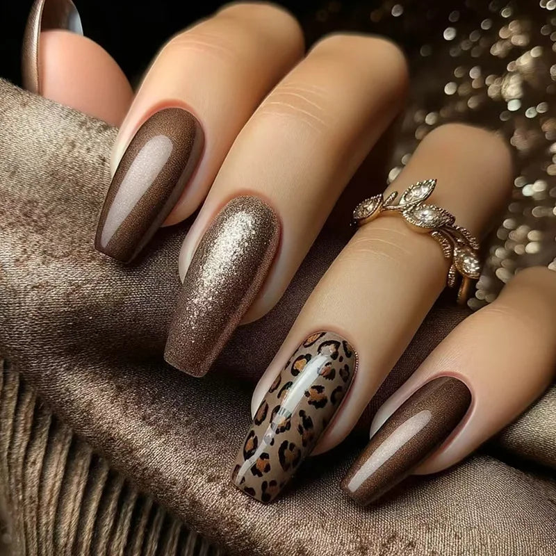 24pcs Long Ballet Press On Nails – Brown Flower Full Cover False Nails
