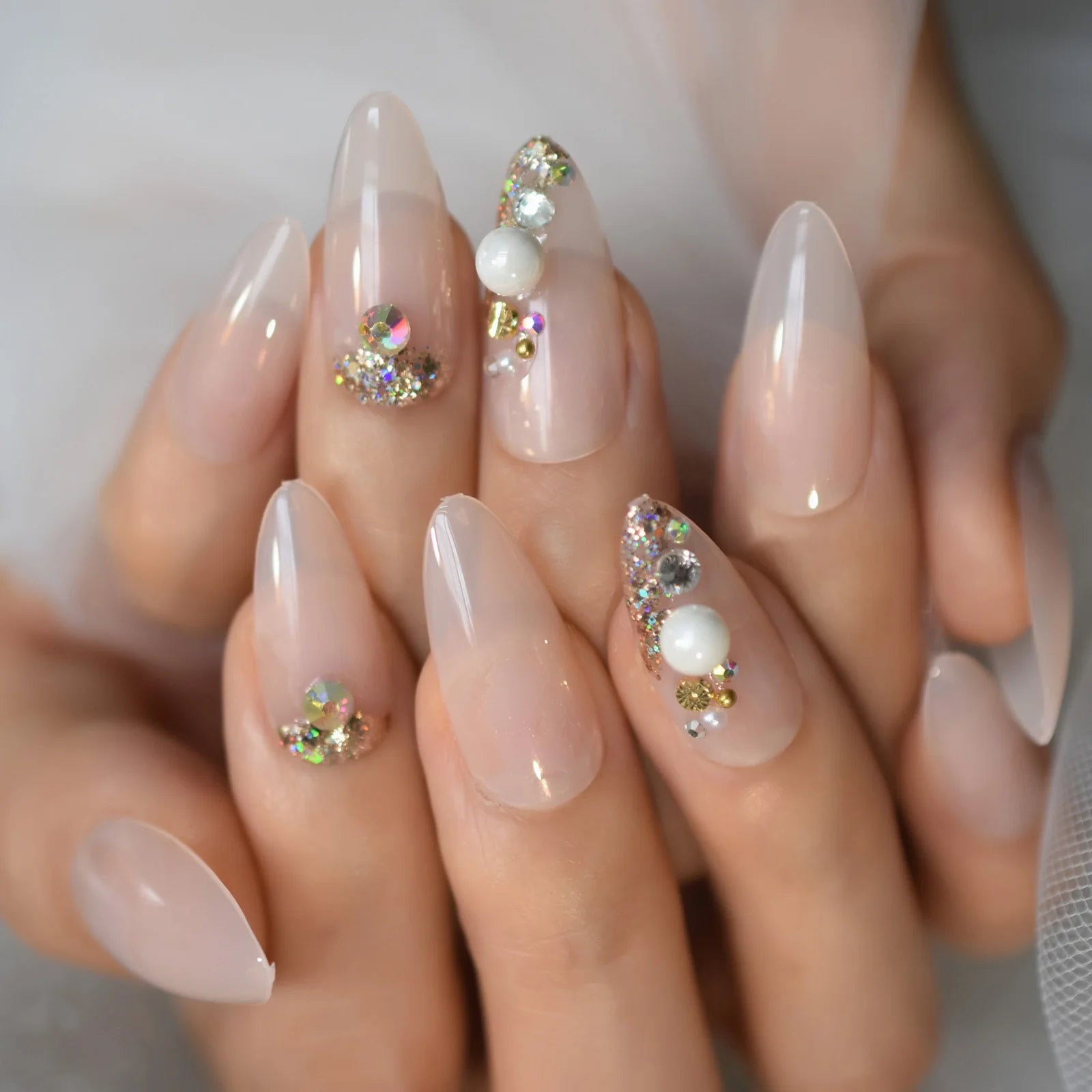 Trapezoid French Nail – Crystal Shine Ballerina Press On Nails