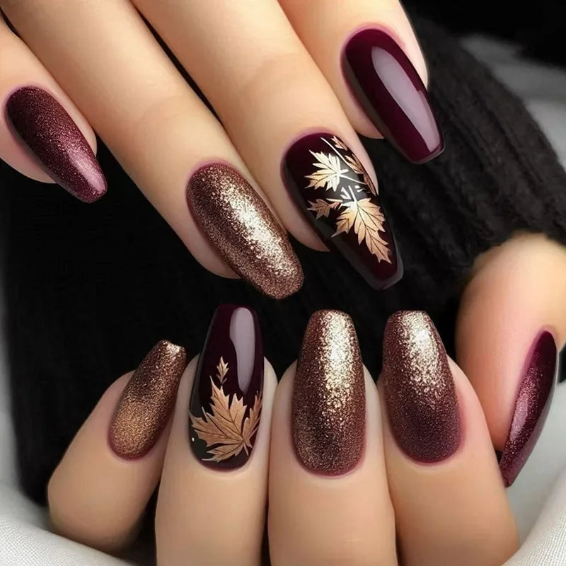24pcs Long Ballet Press On Nails – Brown Flower Full Cover False Nails