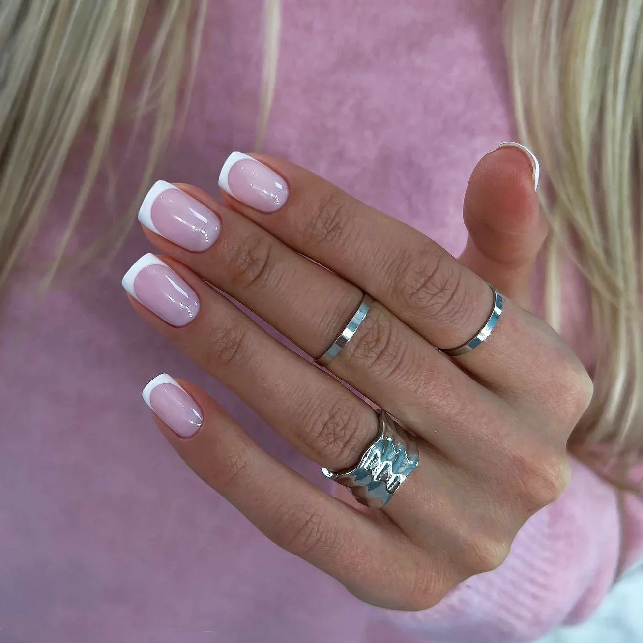 24pcs French Tip Press On Nails – Handmade Solid Color Medium Square False Nails with Glue