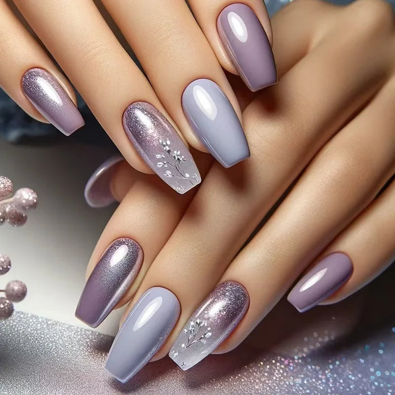 24pcs Long Ballet Press On Nails – Brown Flower Full Cover False Nails