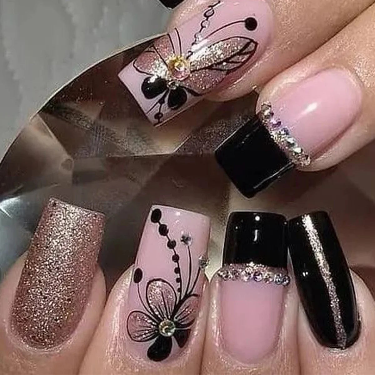 24pcs Long Ballet Press On Nails – Brown Flower Full Cover False Nails