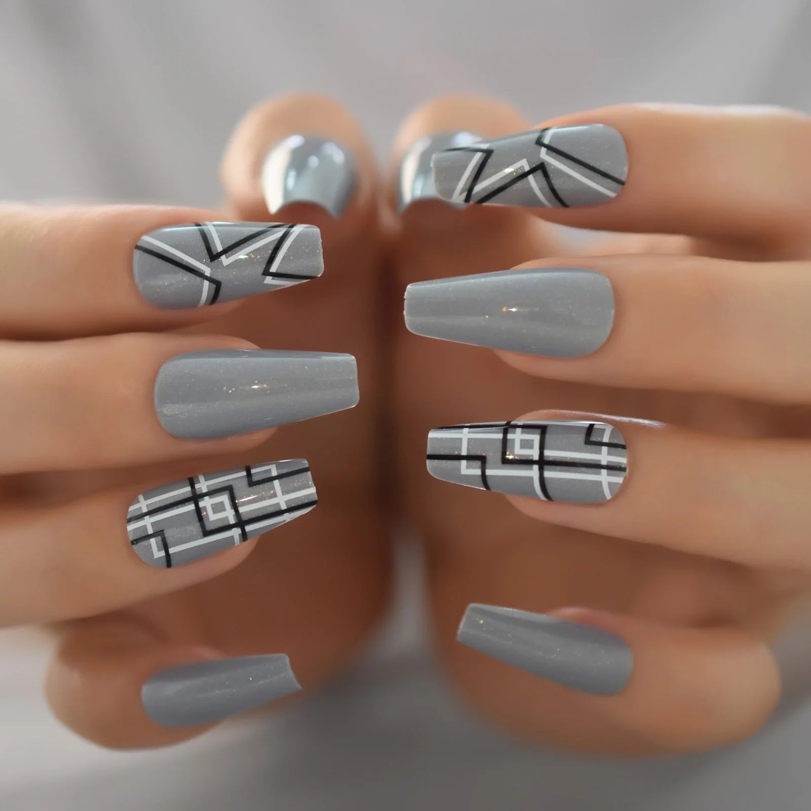 Modern Grey Geometric Coffin Press-On Nails
