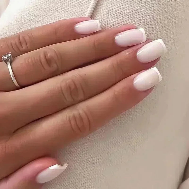 24pcs French Tip Press On Nails – Handmade Solid Color Medium Square False Nails with Glue
