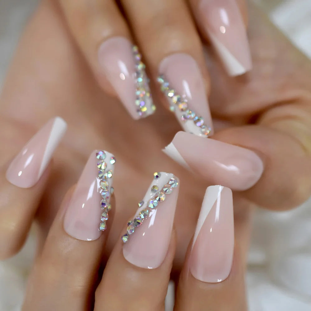 Trapezoid French Nail – Crystal Shine Ballerina Press On Nails