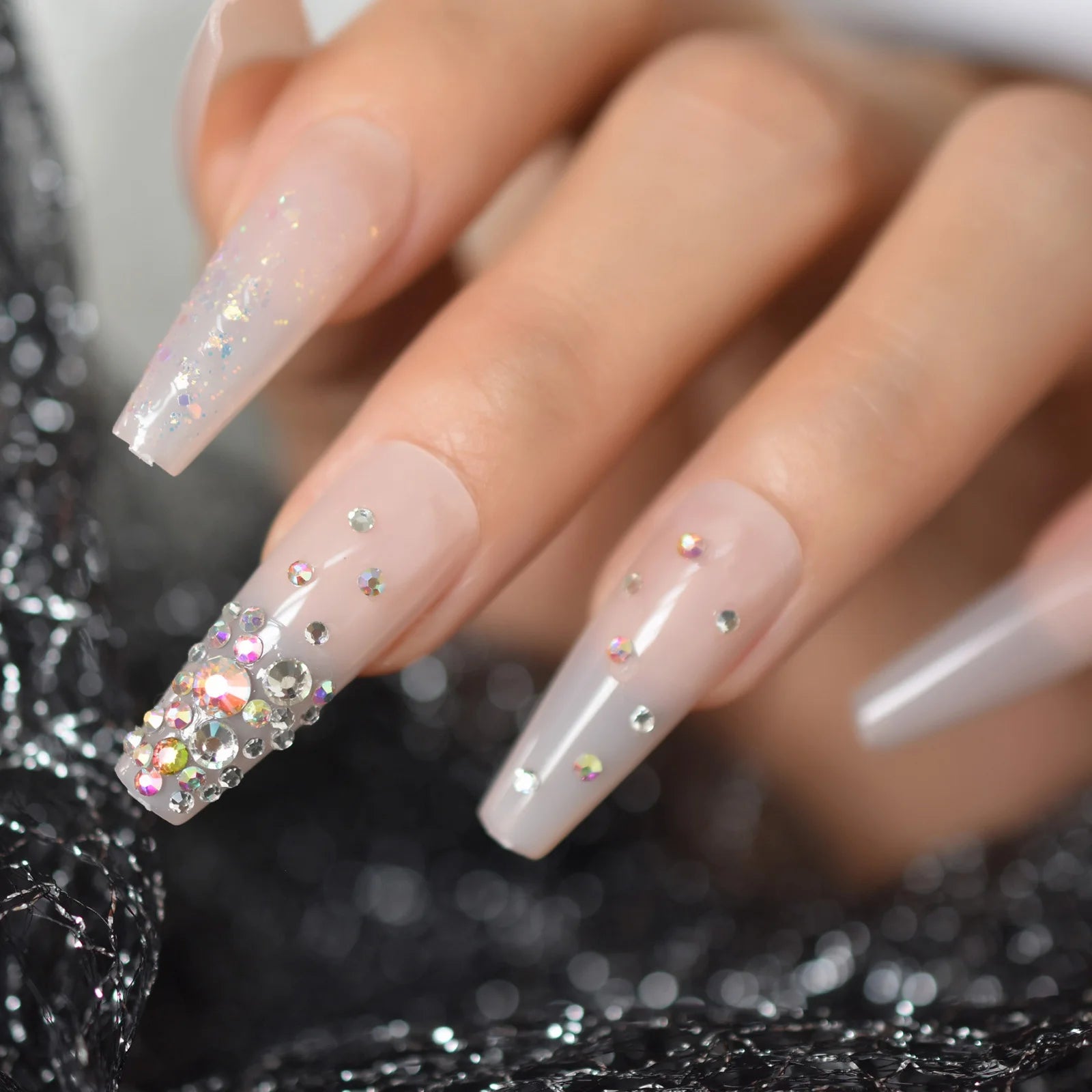 Trapezoid French Nail – Crystal Shine Ballerina Press On Nails