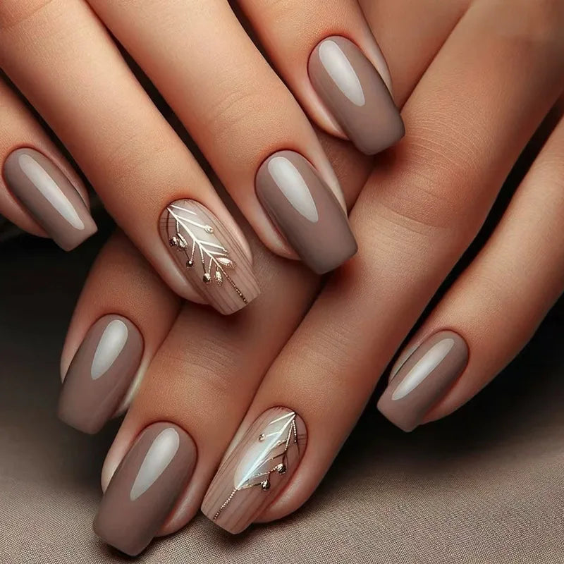 24pcs Long Ballet Press On Nails – Brown Flower Full Cover False Nails