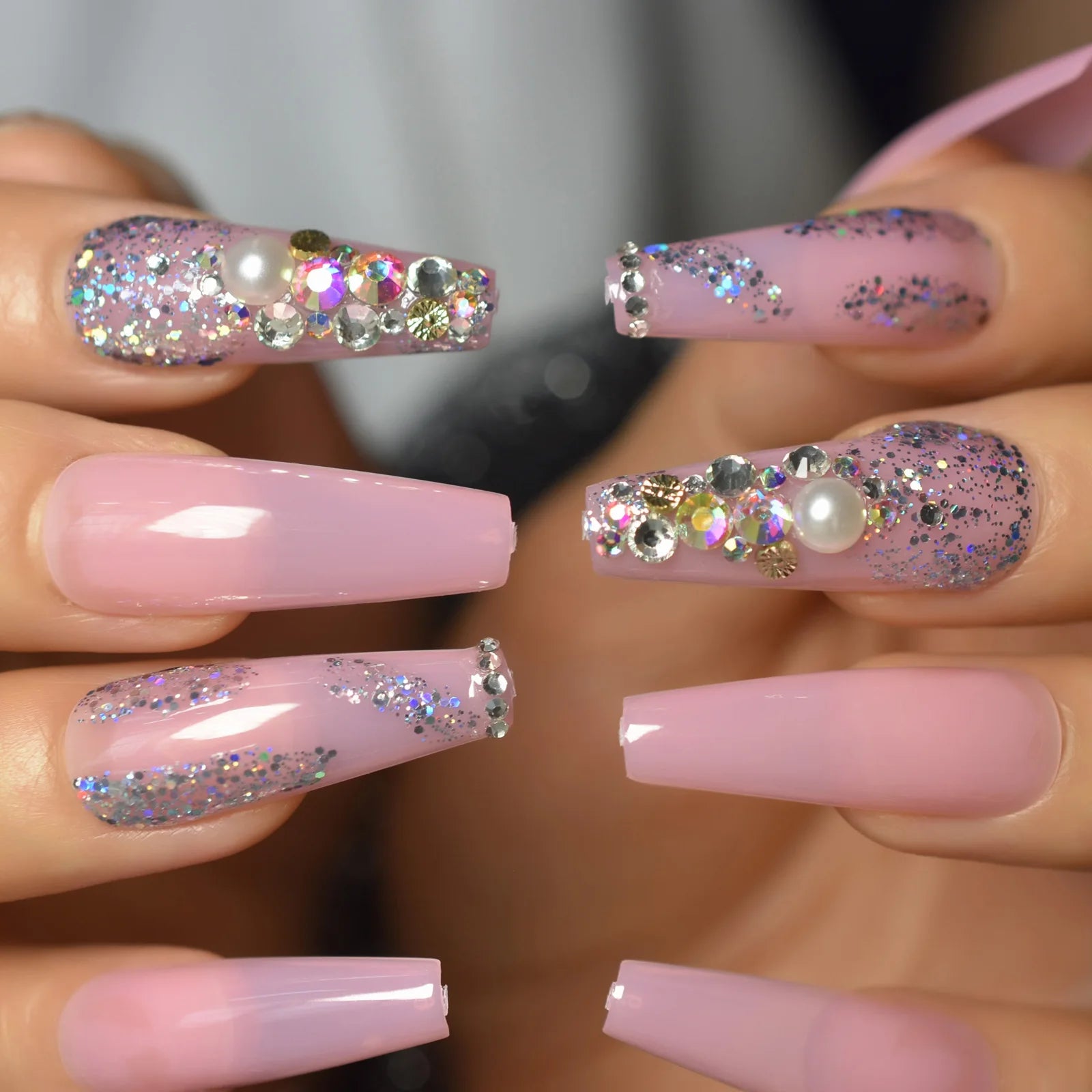 Trapezoid French Nail – Crystal Shine Ballerina Press On Nails
