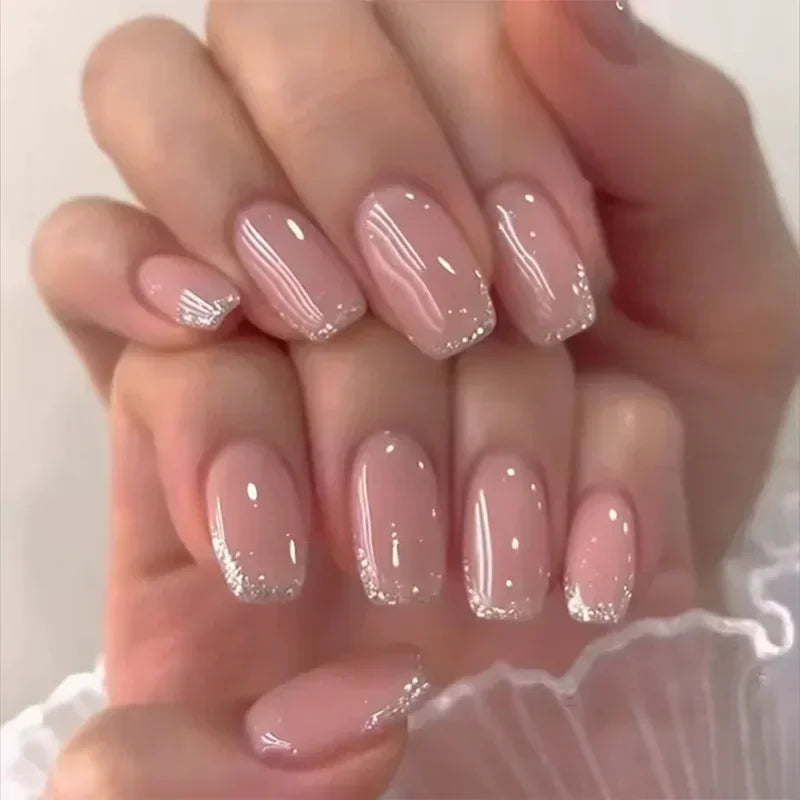 24pcs French Tip Press On Nails – Handmade Solid Color Medium Square False Nails with Glue