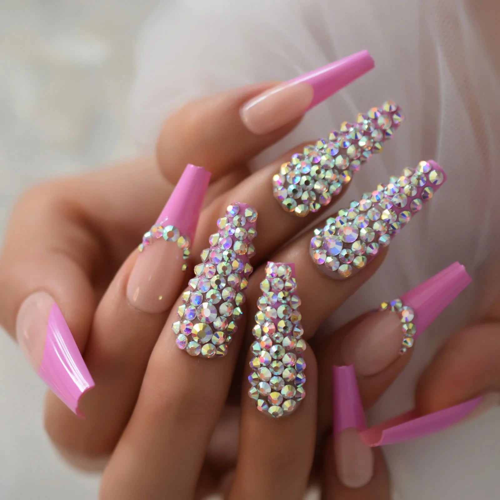 Trapezoid French Nail – Crystal Shine Ballerina Press On Nails