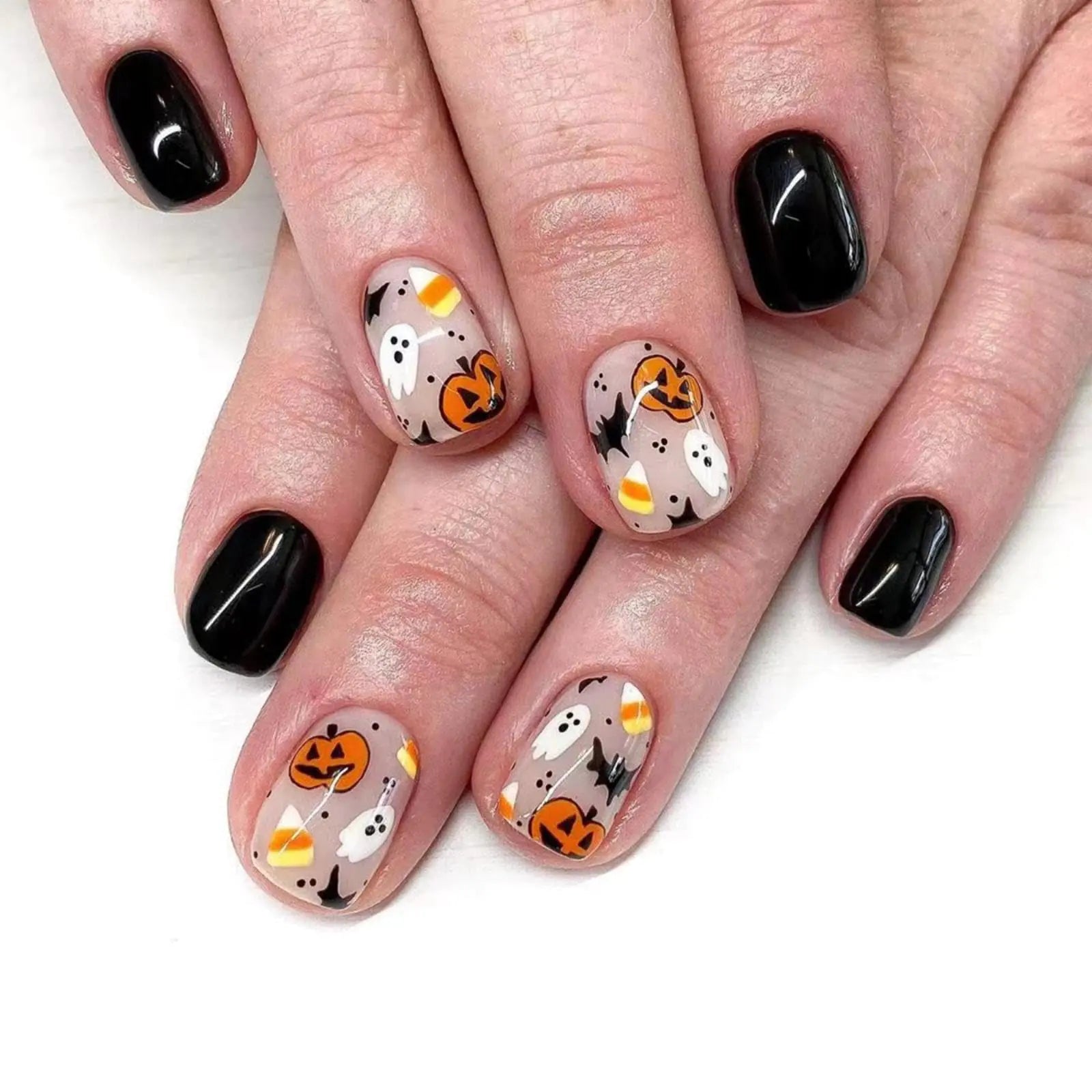 24pcs Halloween Press On Nails – Short Square Black with Pumpkin & Ghost Design