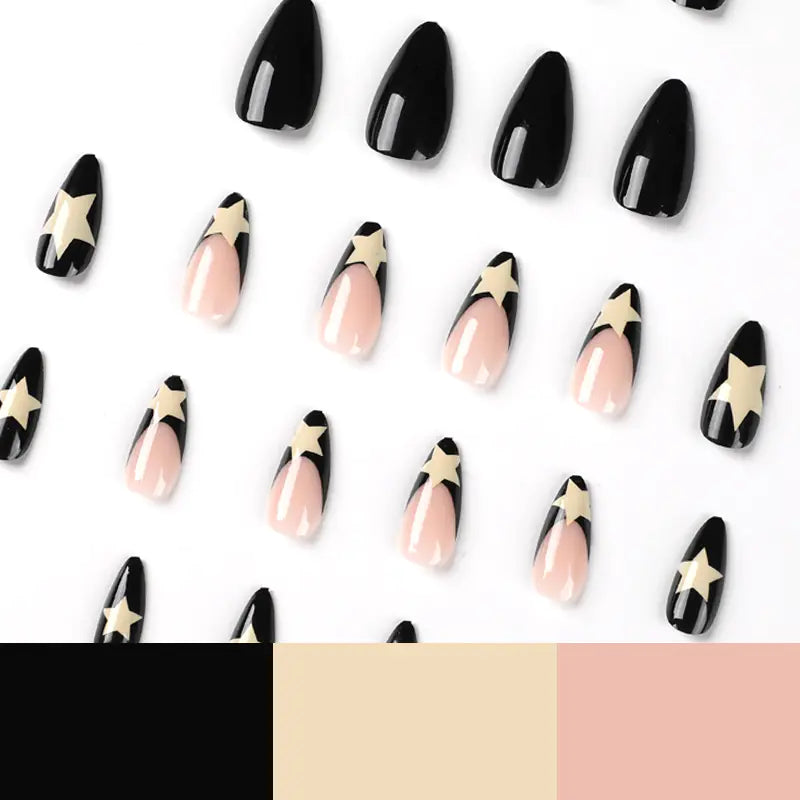 French Black Edge Press On Nails – White Star Design (Wholesale)