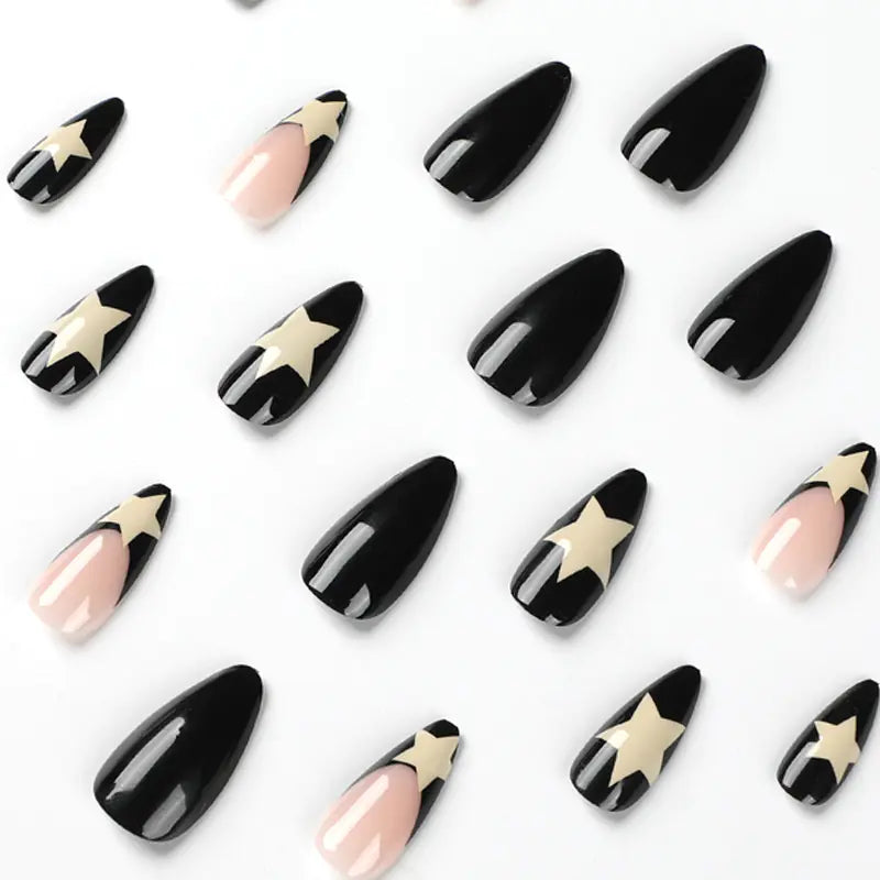 French Black Edge Press On Nails – White Star Design (Wholesale)