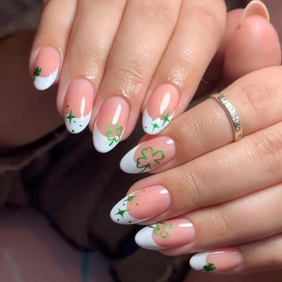 St. Patrick’s Day Press On Nails – Medium French Tip Green Clover Design with Glue