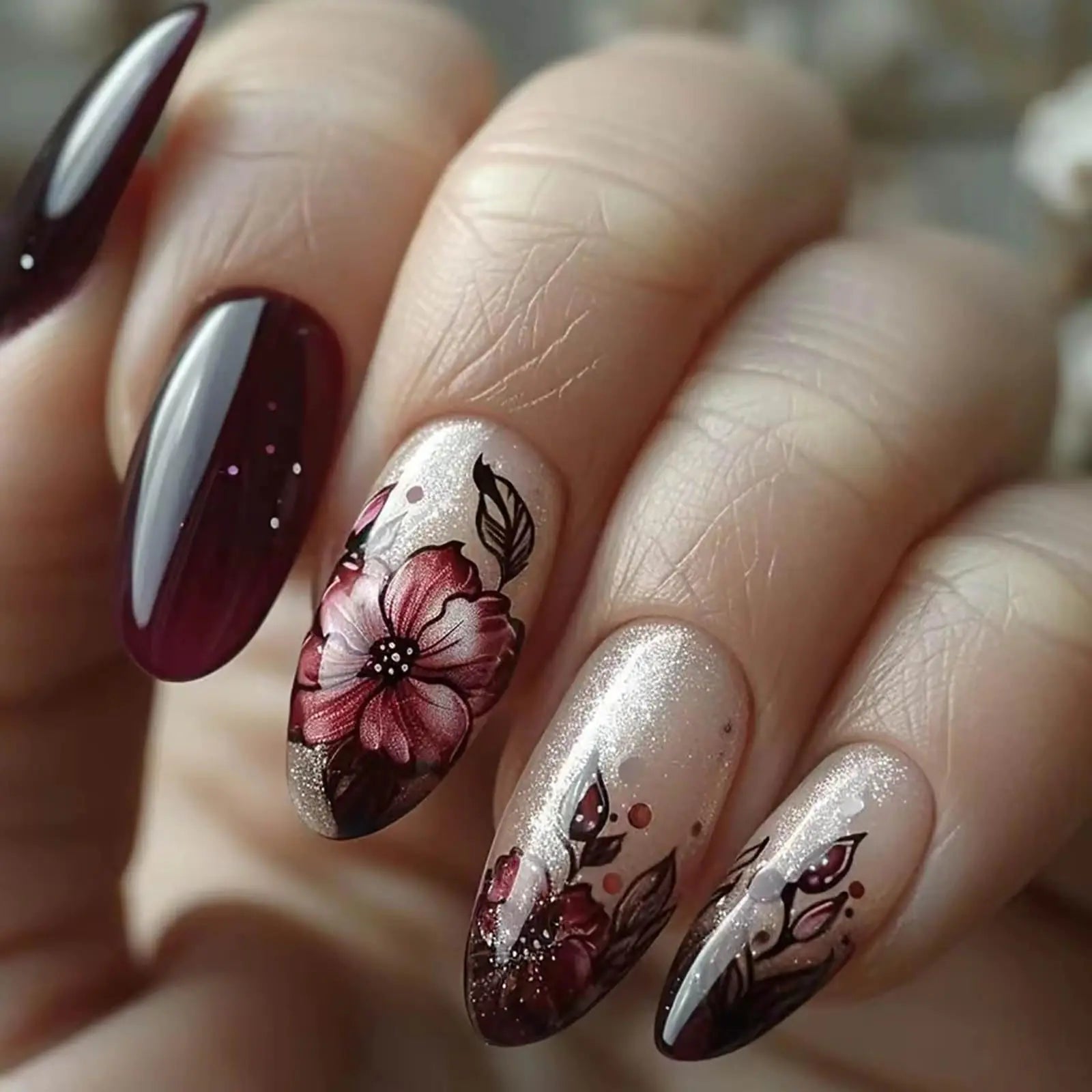 24pcs Almond Press On Nails – Glossy Flower Design Fake Nail Kit