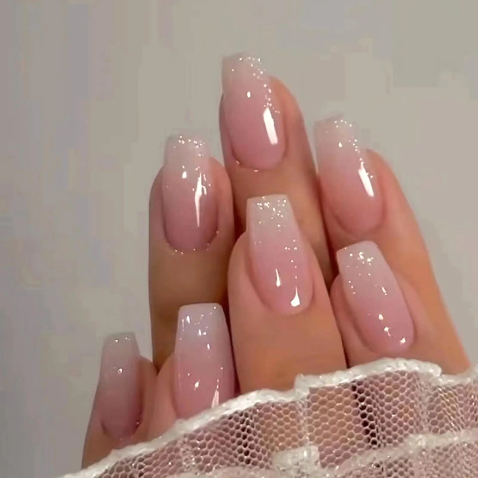 24pcs Long Coffin Press On Nails – French Tip Glossy Pink with Glue
