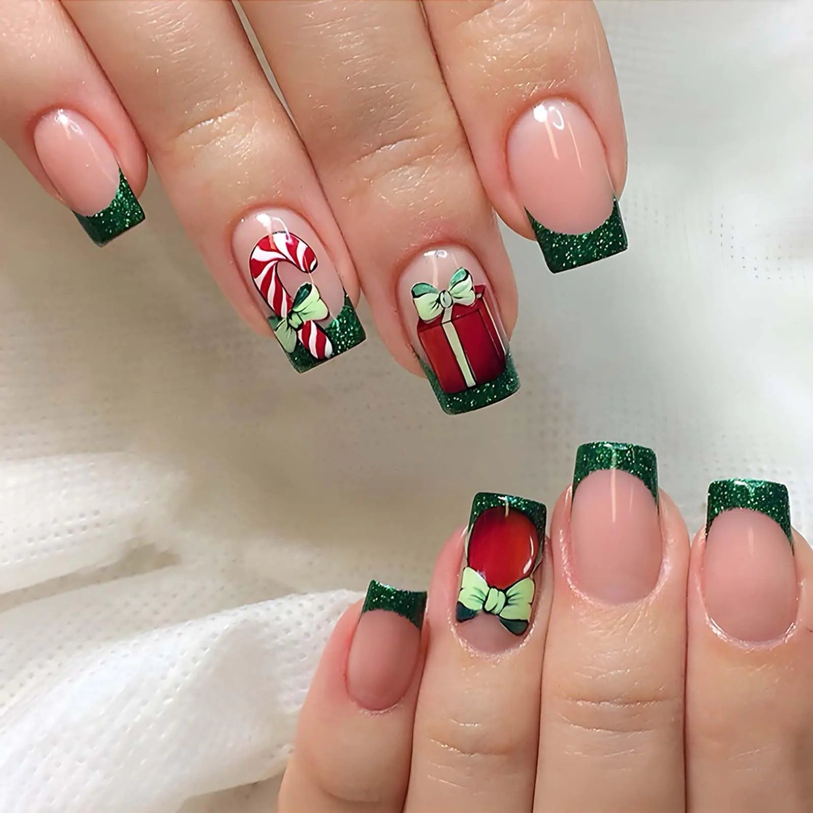 Christmas Press On Nails – Short/Long Square French Tip Green Designs