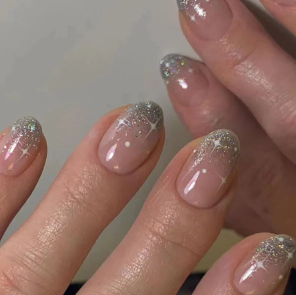 Silver Glitter French Press On Nails – With Glue