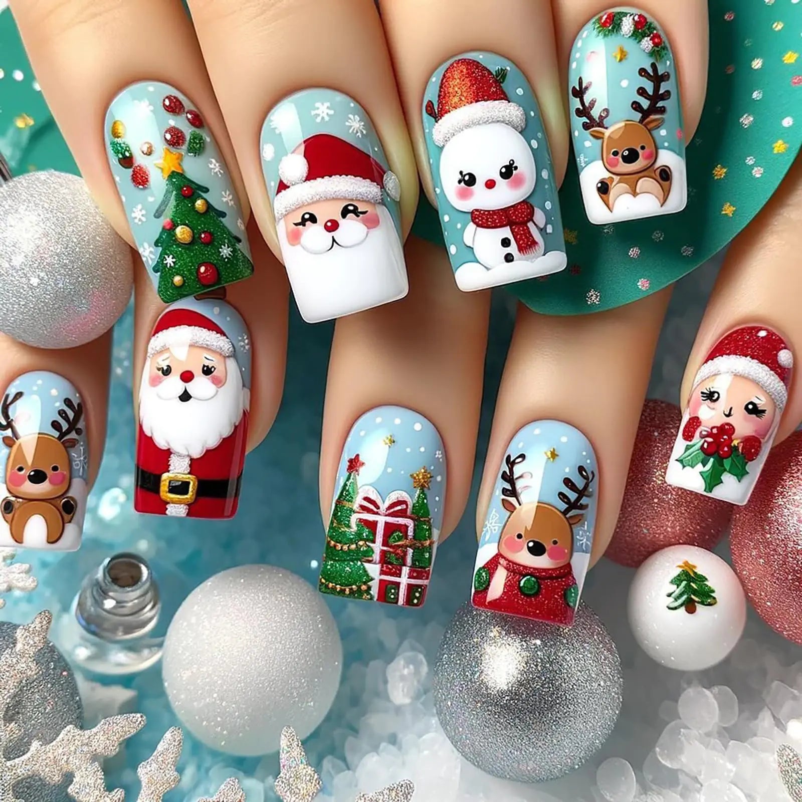 24pcs Christmas Coffin Press On Nails – Santa, Deer & Snowman Design